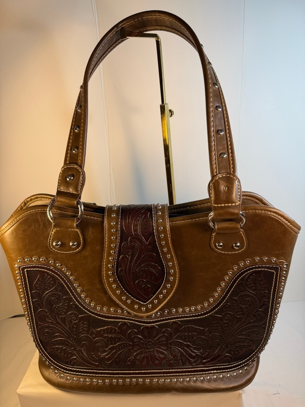 Montana West Brown Two-Tone Embossed Shoulder Bag with Studs